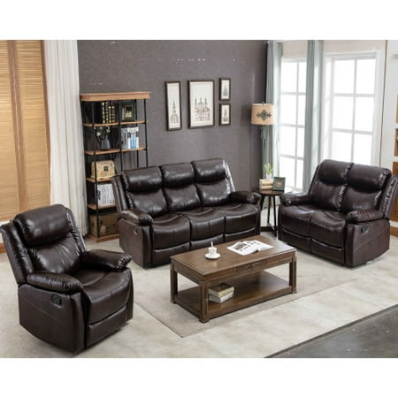 Manual Reclining Sofa Set Living Room, Modern Contemporary 3 Piece Leather Sectional Sofa