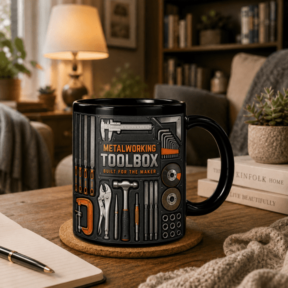 2D Flat Mug, Metalworking Toolbox Mug, Maker Gift Coffee Cup for Machinists, Welders & Tool Lovers