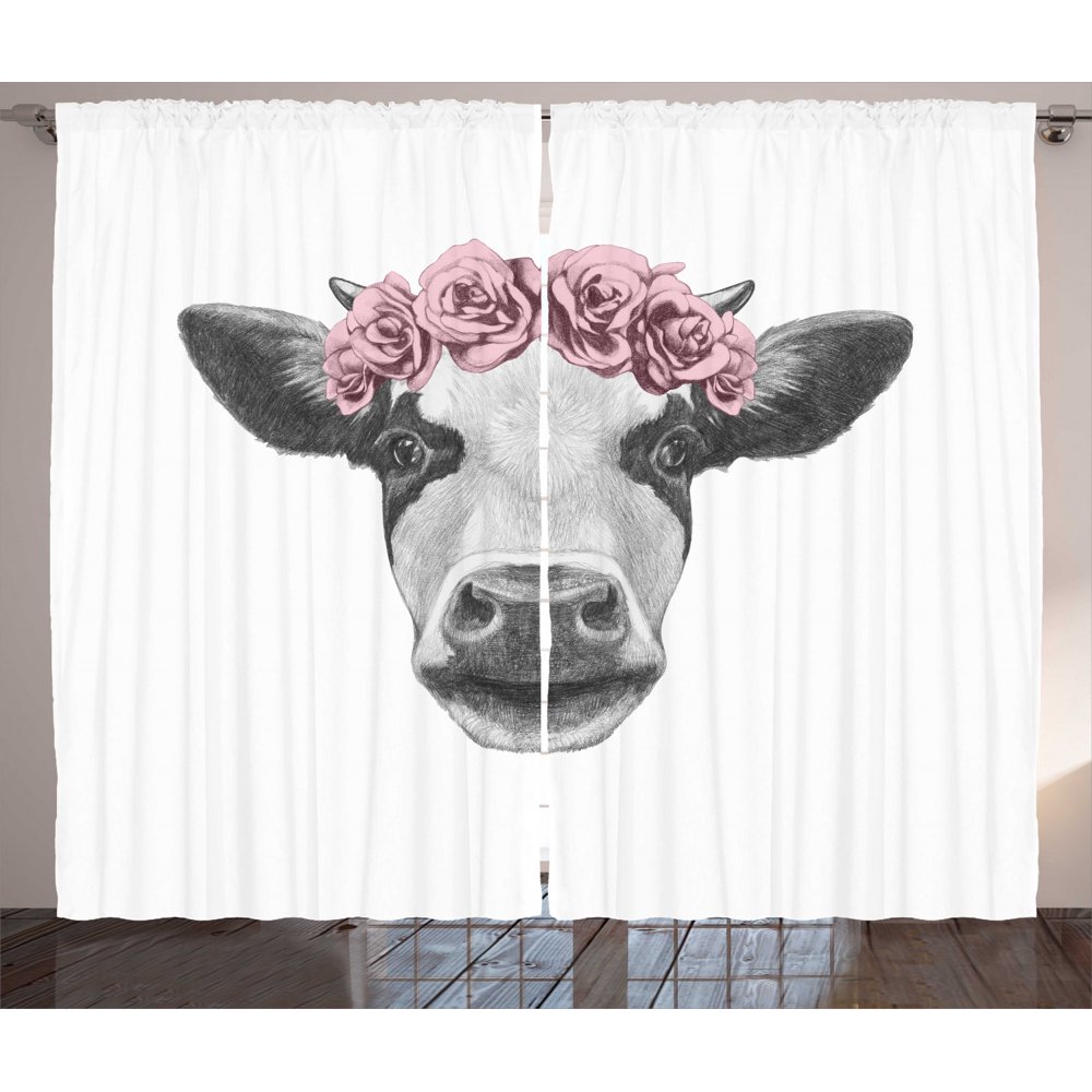 Farm Animal Curtains 2 Panels Set, Sketchy Portrait of Sweet Cow with ...