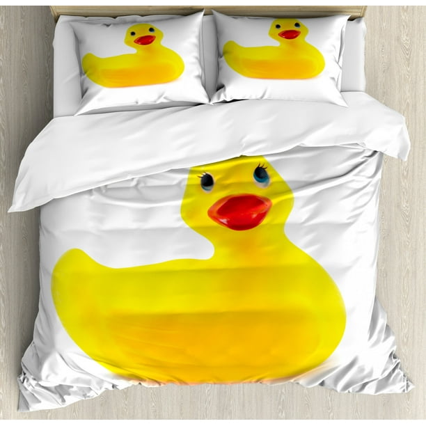 Rubber Duck King Size Duvet Cover Set, Yellow Squeak Ducky Toy Fun