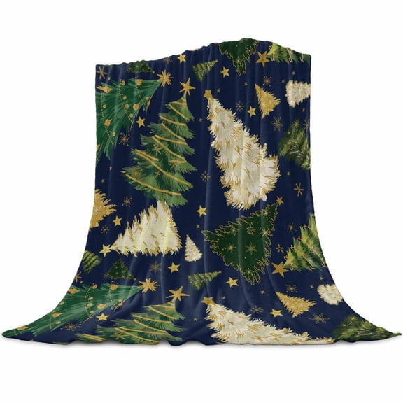 Navy Blue Christmas Flannel Blanket for Bed,Travel and Camping, Green Xmas Tree Star Winter Snowflake Super Soft Cozy Blanket for All Seasons 50"x60"