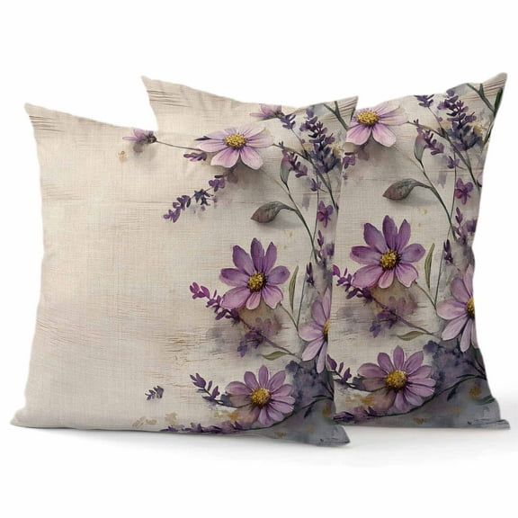 Throw Pillow Covers 16x16 Inch Set of 2 Purple Flowers Decorative Pillow Covers Retro Linen Texture Cushion Cover Pillowcase for Sofa Couch Bed Home Decor