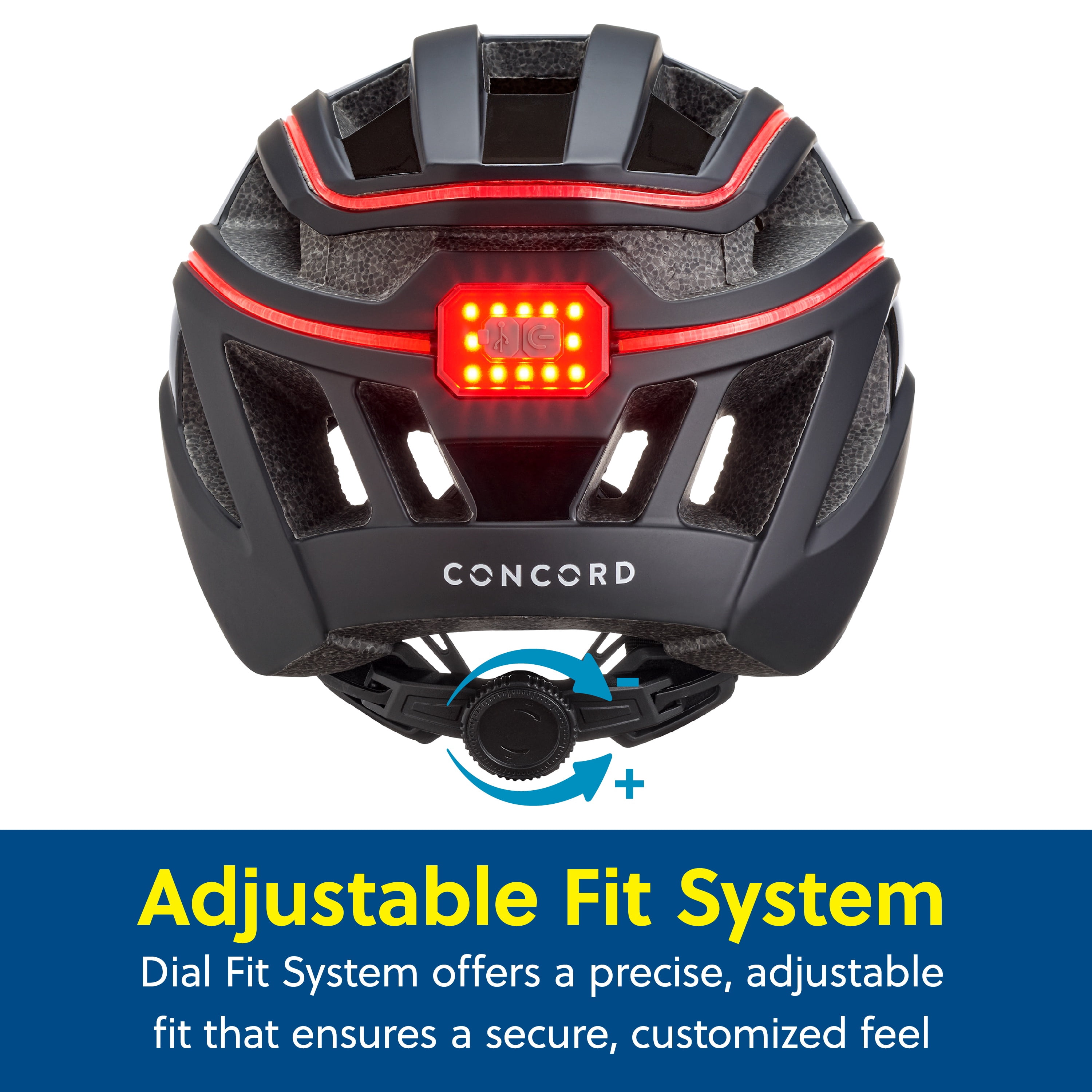 Concord Adult Bike Helmet with 360 LED Lights, Adjustable Fit, Black for Ages 14+