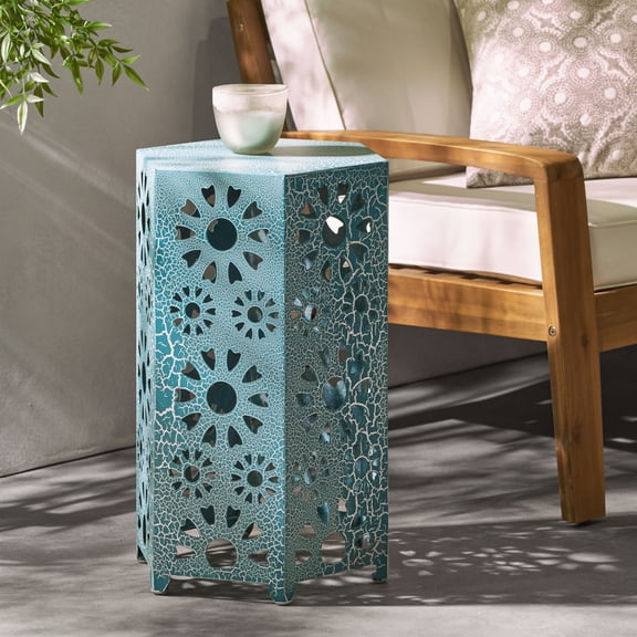 14" Teal Iron Side Table: Sunburst Cut Out Design for Stylish Patio Decor