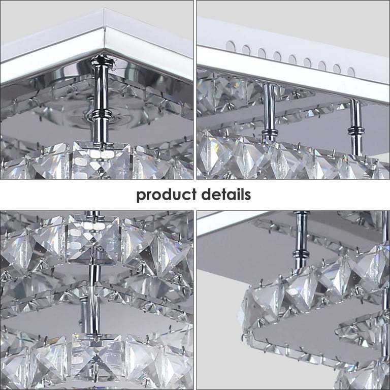 FRIXCHUR Dimmable Square Crystal Chandelier Ceiling Light - 9.8" Flush Mount LED With Remote
