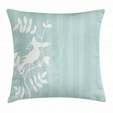Nature Throw Pillow Cushion Cover, Silhouette of Bird Sitting on the Tree Branch on Striped Backdrop Summer Print, Decorative Square Accent Pillow Case, 20 X 20 Inches, Turquoise White, by Ambesonne