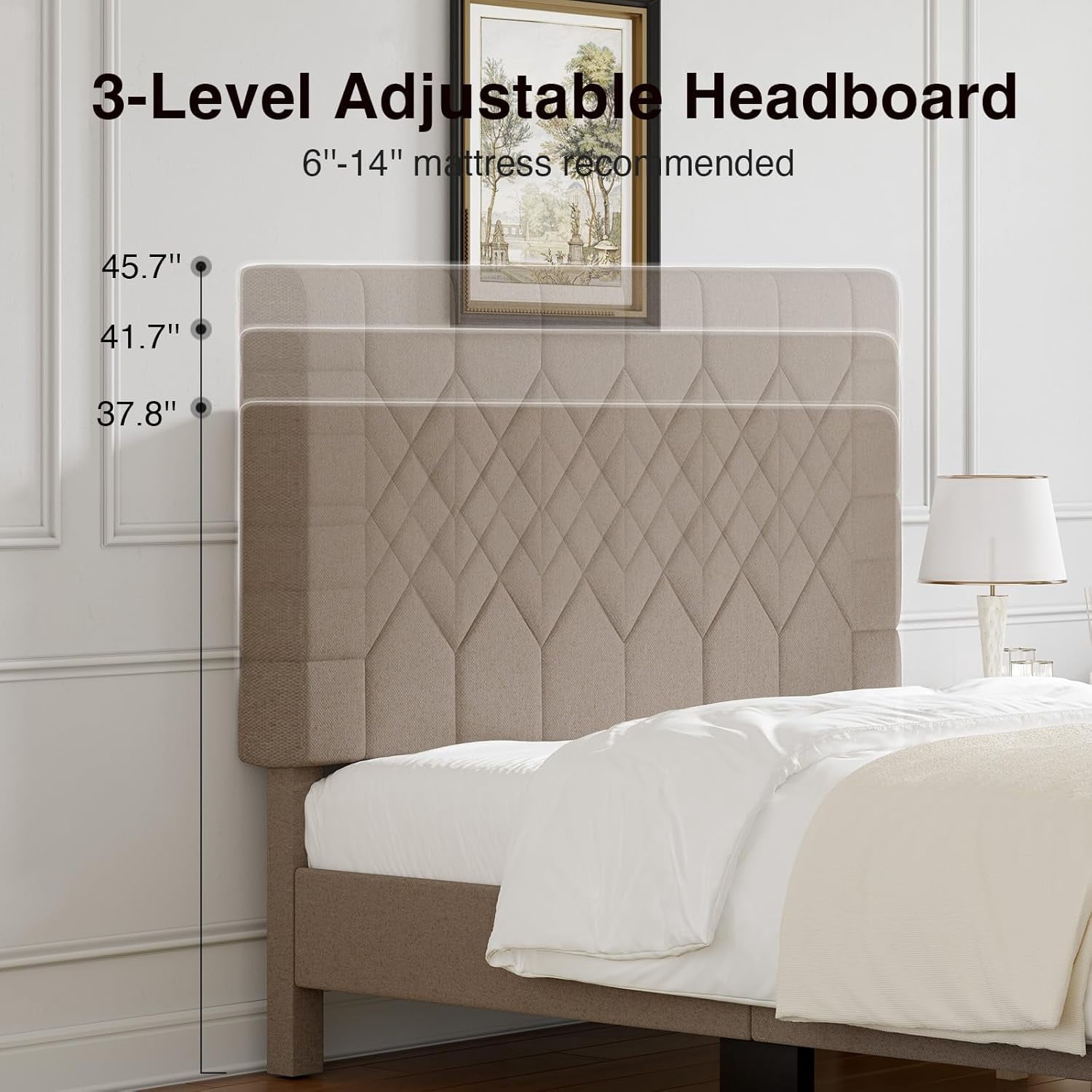 Novilla Full Size Bed Frame, Full Bed Frame with Wood Slats Support, Linen Upholstered Pull-Point Headboard, No Box Spring Needed, Heavy Duty Feet, Easy Assembly, Beige