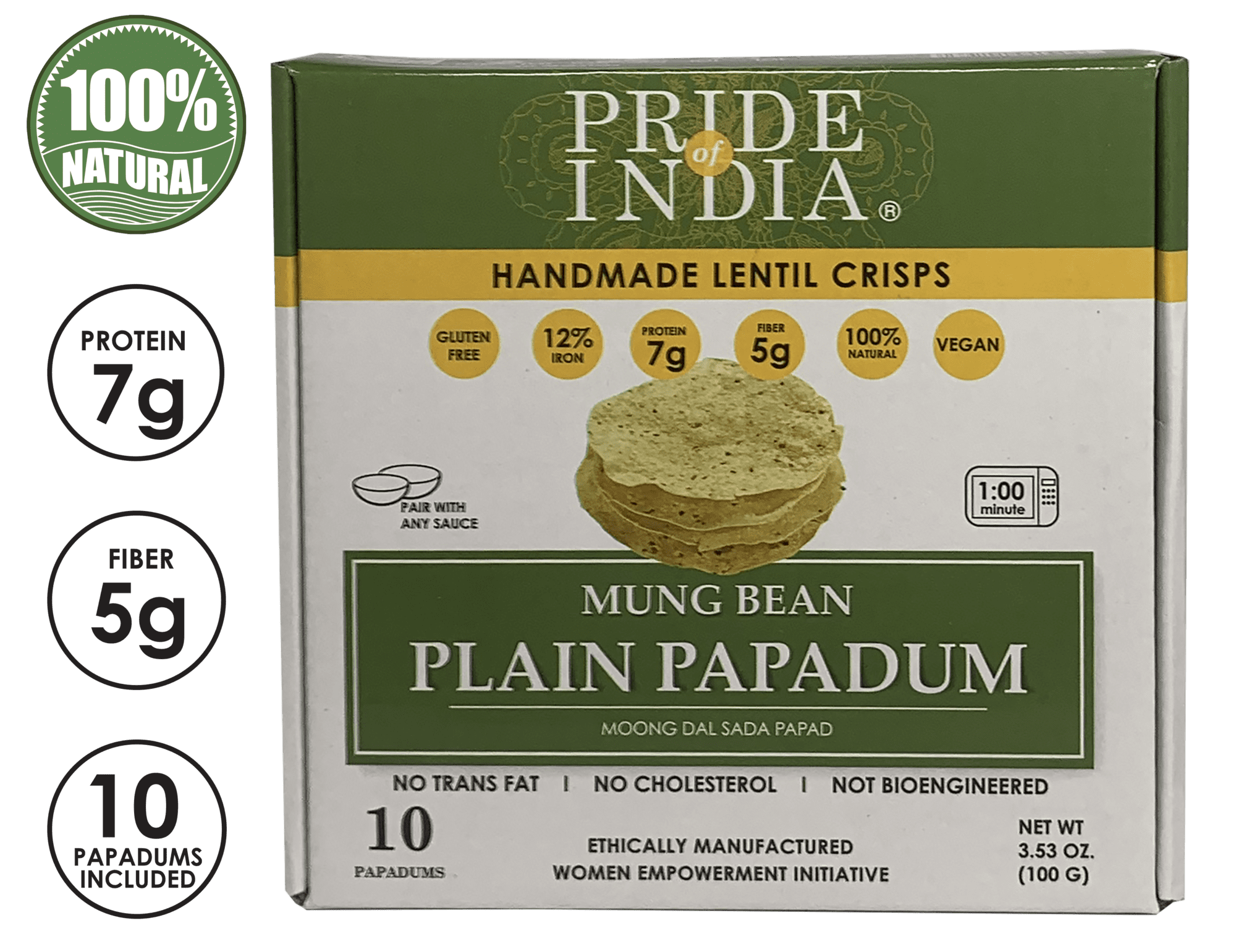 Pride of India - Mung Bean Plain Papadum Lentil Crisp, 10 count (3.53 oz - 100 Gm) - Plant Based Protein Snack
