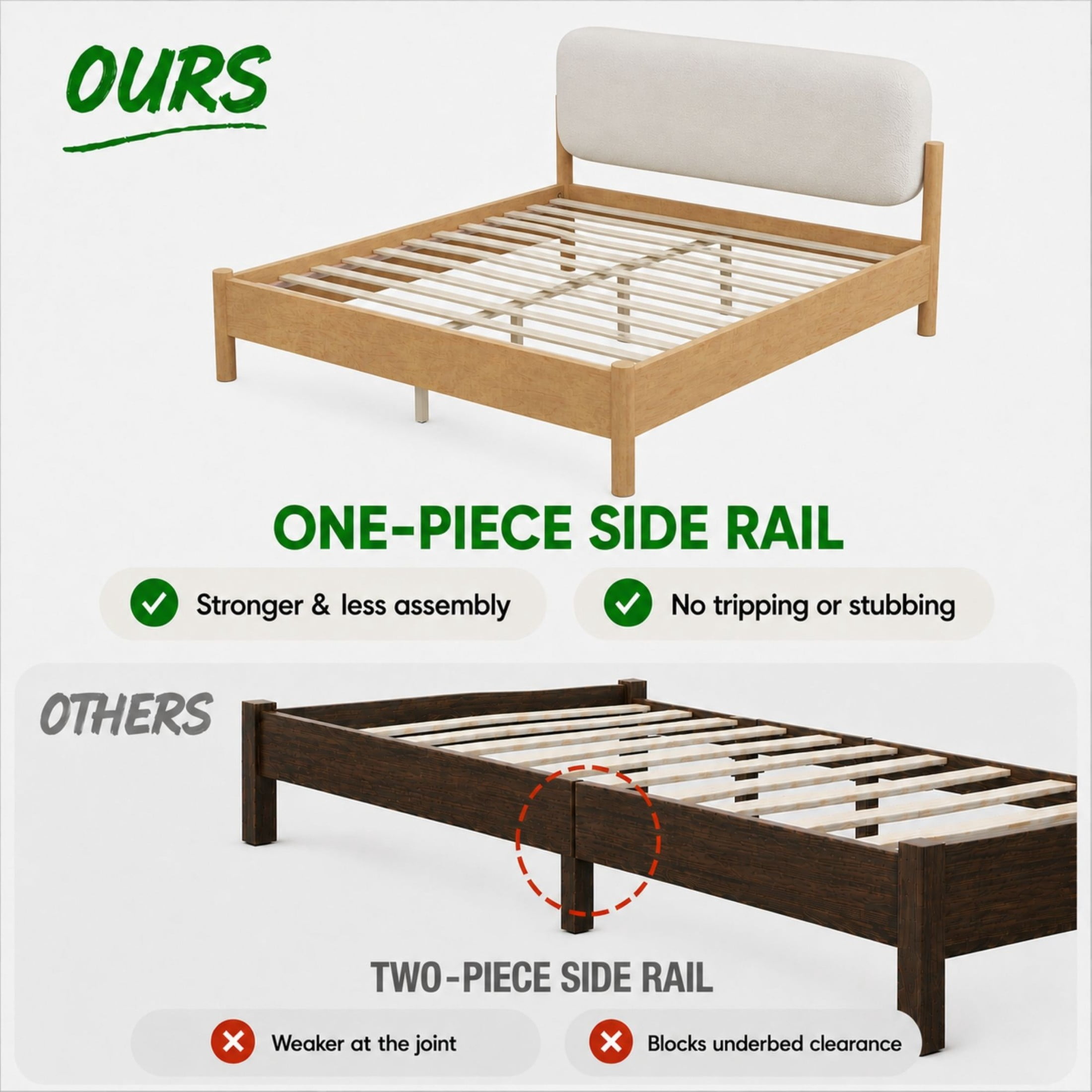Christopher Knight Home Modern Queen Platform Bed Frame, Thick Rounded Upholstered Headboard, Oak