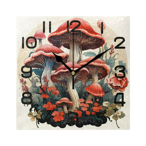 Mushrooms and Flowers Magic Wall Clock Square Silent Non-Ticking Battery Operated Retro 7.78" Clock Home Kitchen Office Decoration