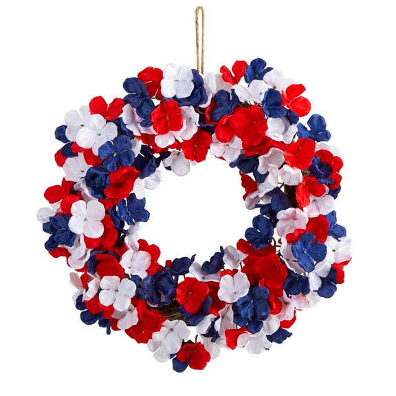 Nearly Natural Americana Patriotic Hydrangea Polyester Wreath, 18" (Multicolor)