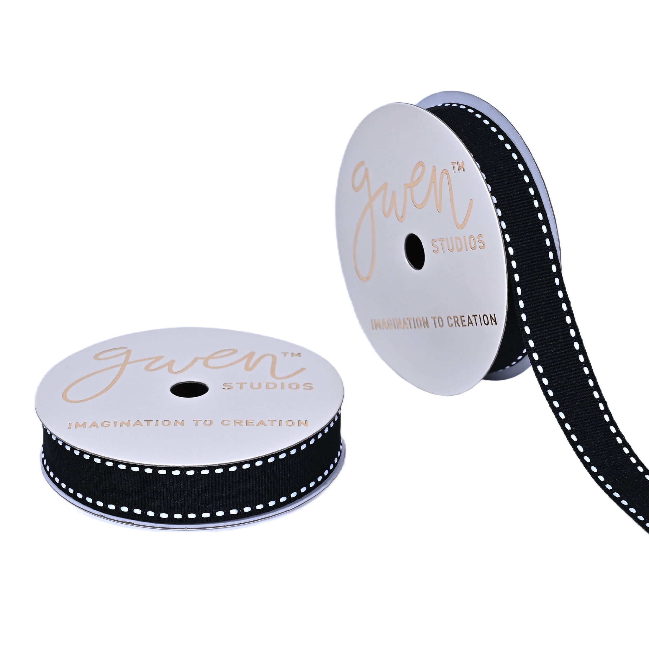 Gwen Studios 5/8" White Saddle Stitch on Black Grosgrain Ribbon, 3 yards