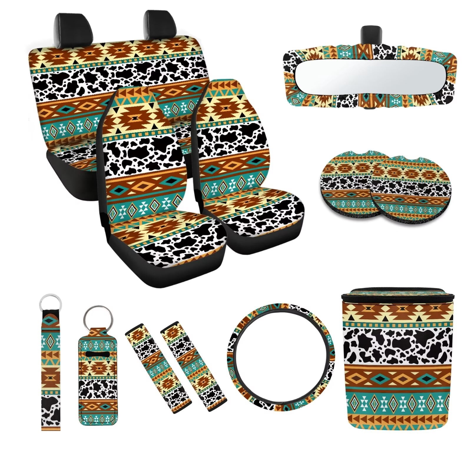 KUIFORTI Cow Print Car Seat Covers Full Set with Steering Wheel Cover Boho Car Accessories for Women Front Rear Seat Covers Wrist Strap Seat Belt Cover for SUV Car
