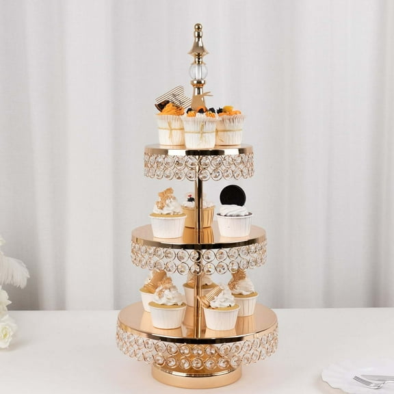 Balsa Circle 3-Tier 26 in Round Crystal Beaded Metal Cake Stand for Birthday Wedding Party Events Reception Catering Decorations Supplies