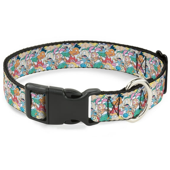 Nickelodeon Pet Collar, Dog Collar Plastic Buckle, Nick 90s Rewind Character Mash Up Collage White, 16 to 23 Inches 1.5 Inch Wide
