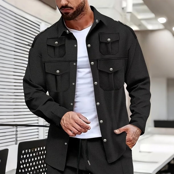 pstuiky Camisas de manga larga abrigadas para hombre, Chaqueta tipo cárdigan de manga larga con solapa y botones, color liso, para hombre, con múltiples bolsillos tops de invierno para hombre xl
