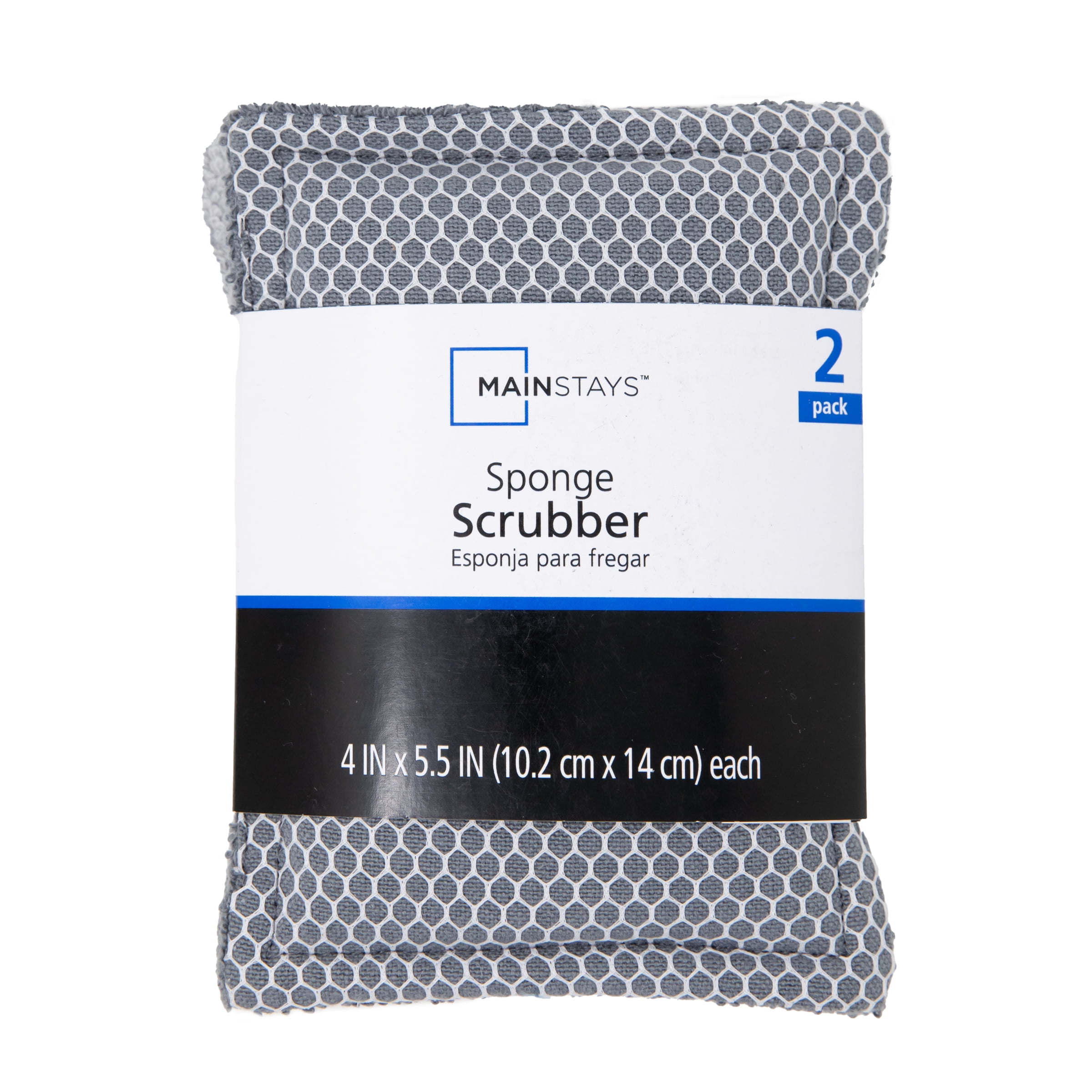 Mainstays Sponge Scrubbers, 4.5 x 5 inches, 100% Cotton Shell, 2 Count per Pack, Gray