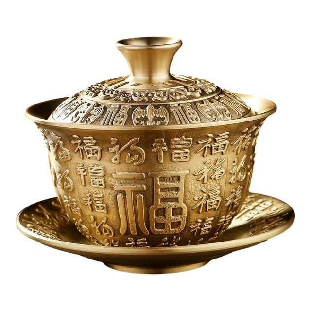 simhoa Kung Fu Tea Cup and Saucer Copper Traditional for Restaurants Travel Kitchen fu characters