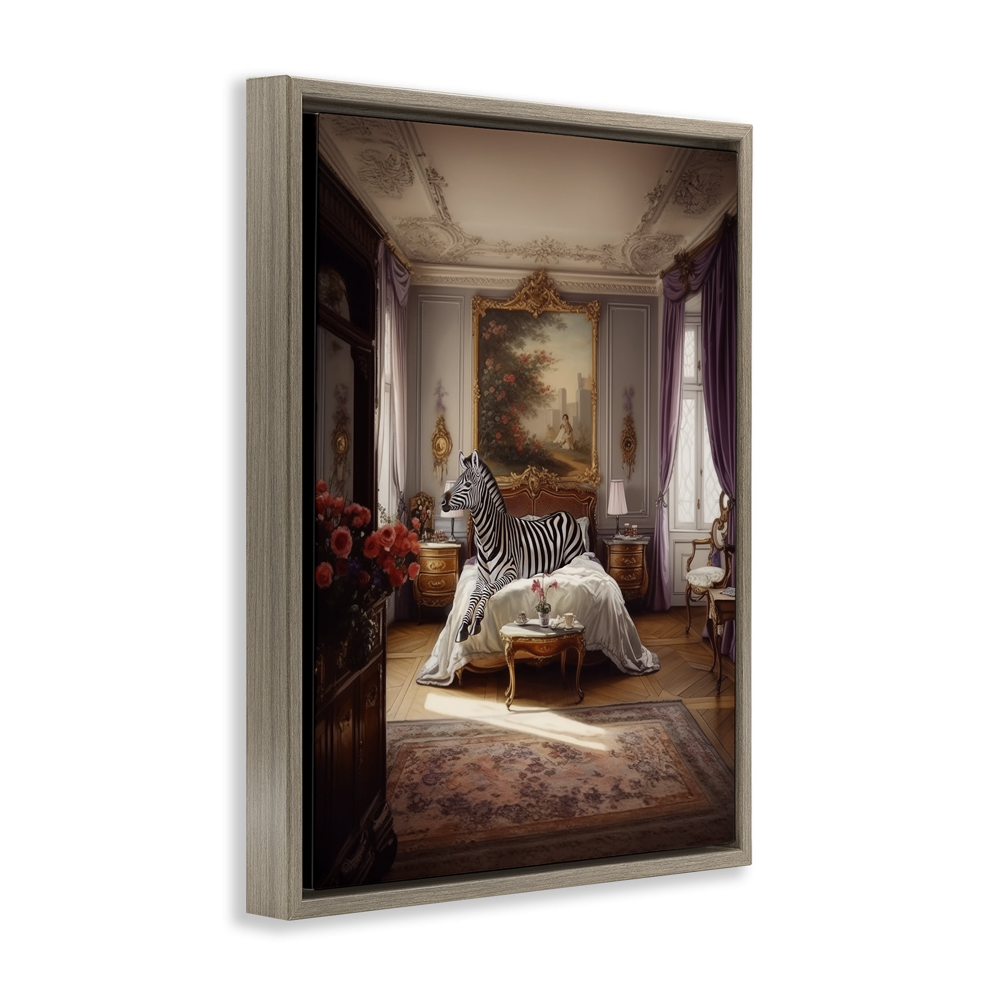 Stupell Industries Zebra in Regal Room Animals Painting Brown Floater Framed Canvas Art Print Wall Art, 25 x 31