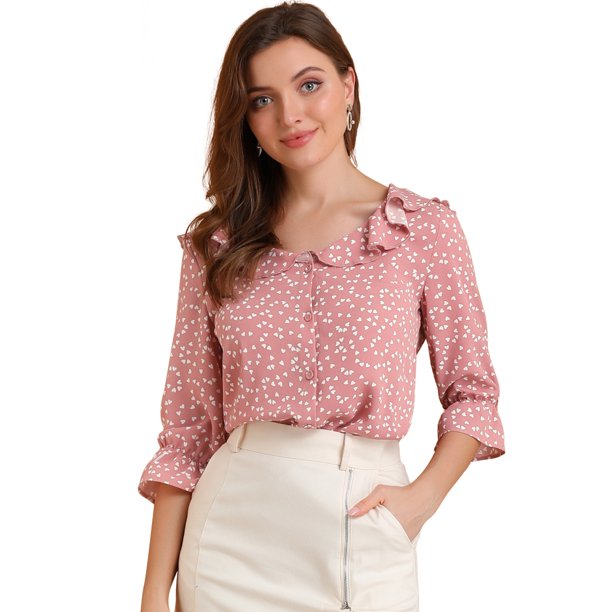 Blusa Allegra K Con Botones Cuello De Solapa Con Volantes Estampado De Corazón Manga Del Codo Rosa XS