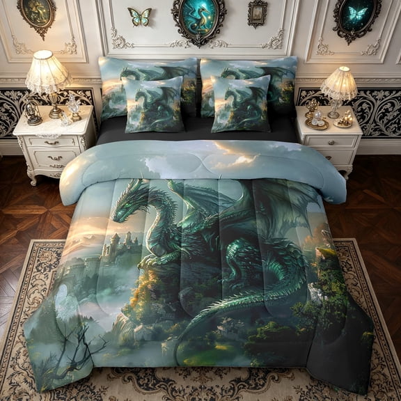 meiyoeat Valley Green Dragon Full Size Bedding Sets for Boys Men, Castle Ancient Animal Full Size Bed in a Bag, Grey Green, Black Reversible, 7pcs