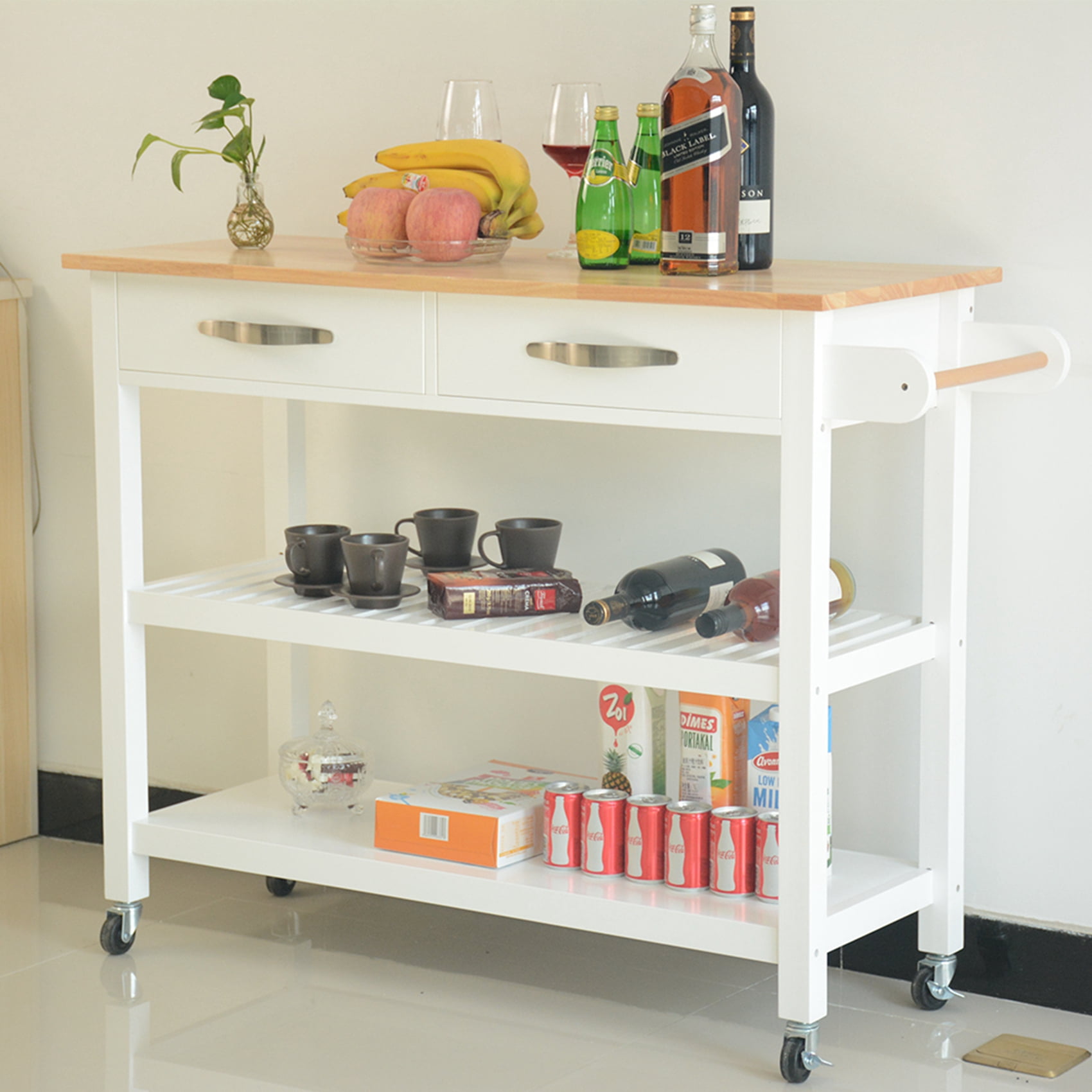 Kitchen Island Cart with Rubber Wood Counter Top, Kitchen Islan on Wheels with 2 Drawers and 2 Open Shelves, 3 Tier Portable Rolling Kitchen Island with Two Lockable Wheels, Towel Rack, White