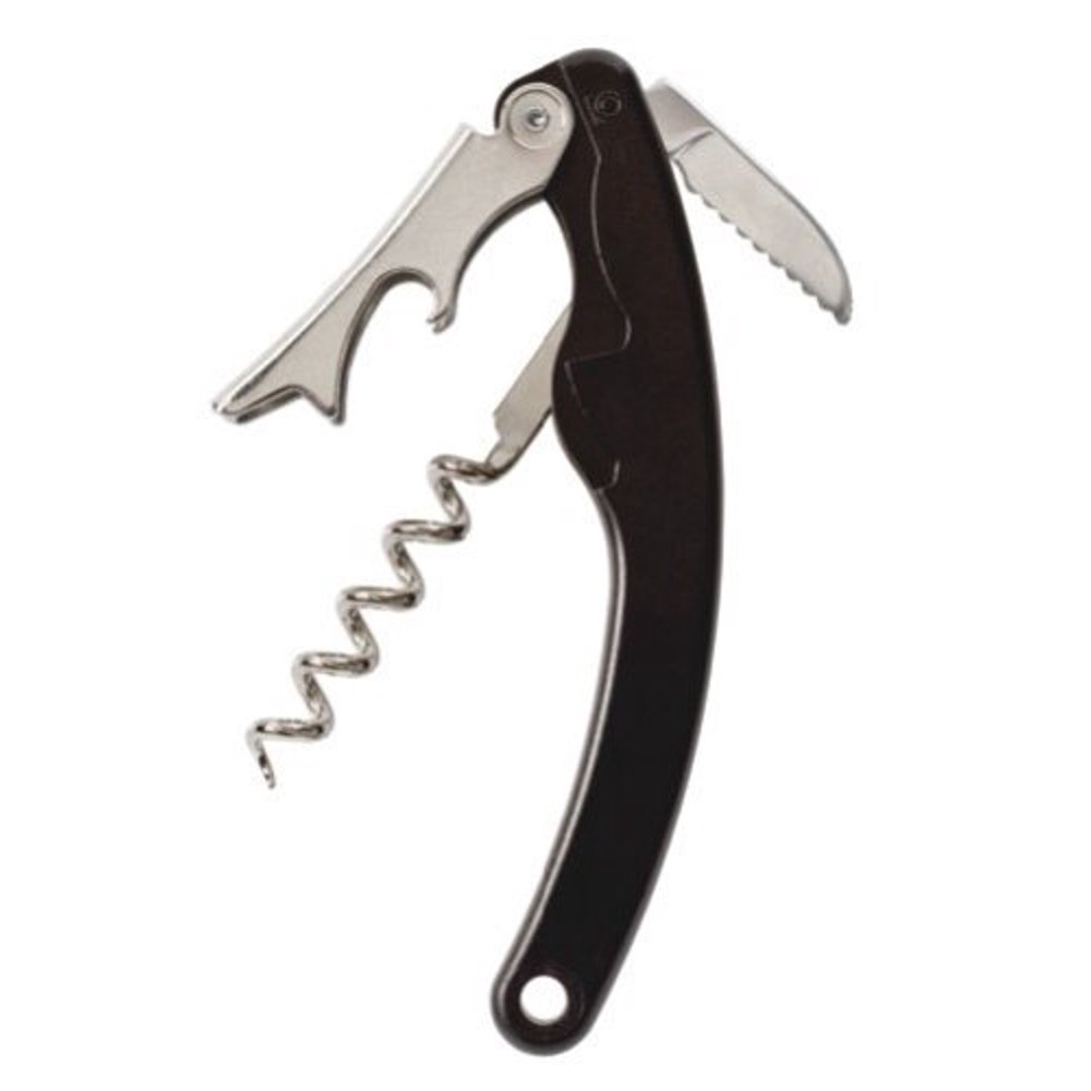 Black Crescent Shaped Waiter Corkscrew with Serrated Knife Blade