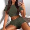 thumbnail image 3 of Ensemble de Sport Décontracté pour Femmes, Couleur Unie, Manches Courtes, 2 Pcs, 3 of 7