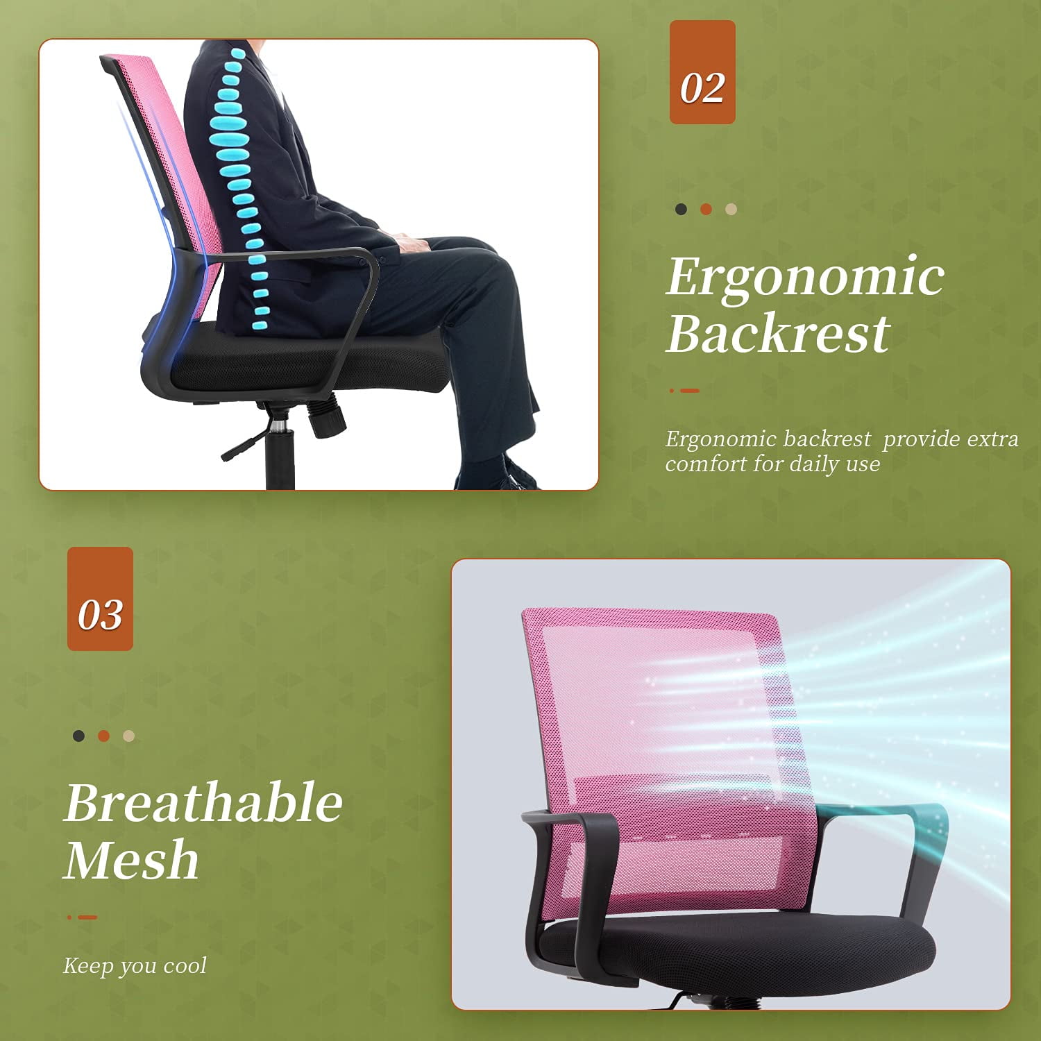 BestOffice Ergonomic Office Chair, Lumbar Support, Adjustable Height with Armrests for Adults(Pink)