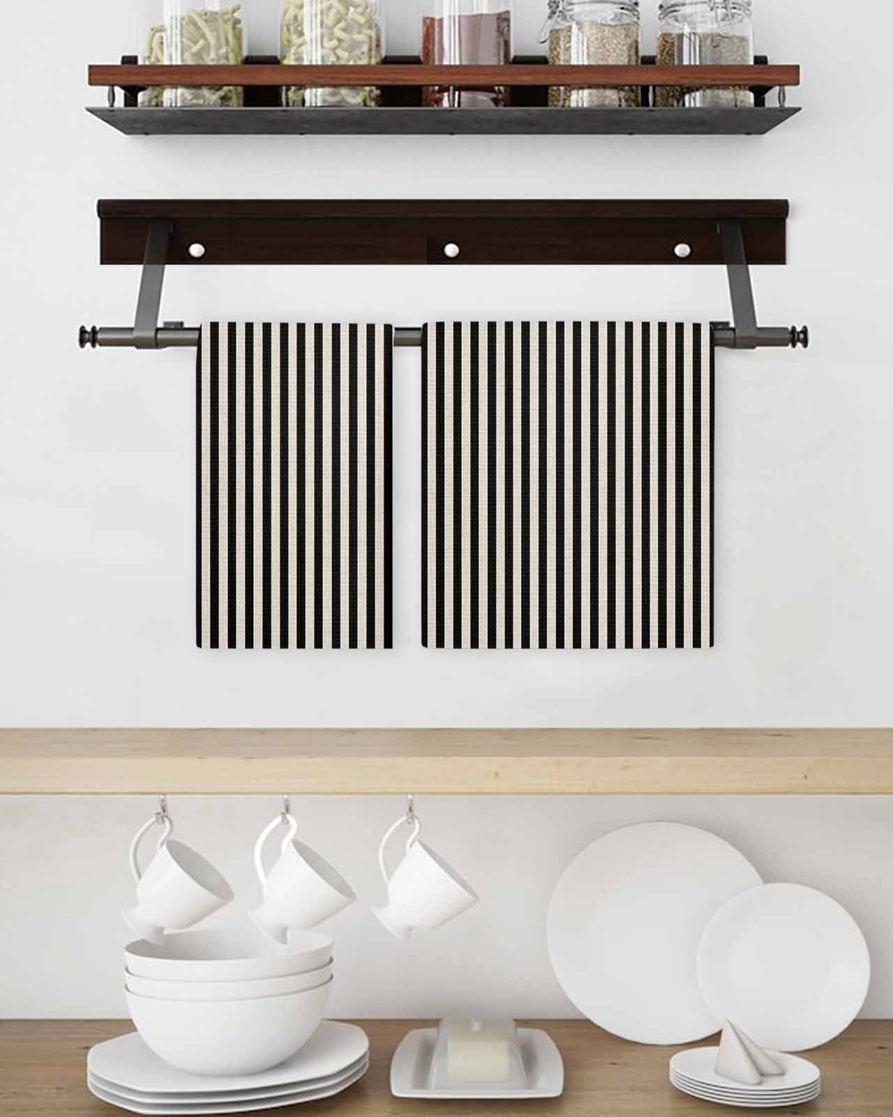Black Striped Hand Towels Set, Waffle Weave Kitchen Towels 3 Pieces, Modern Simple Farmhouse Beige Vintage Microfiber Hair Face Bath Tea Towel Absorbent Quick Drying Cleaning Dish Cloths 15.7"x23.6"