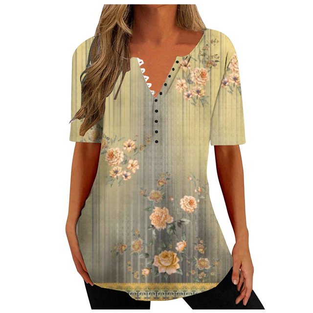 Birdeem Haut Décontracté pour Femme à Col en V Imprimé, Ample, à Manches Courtes, Haut/chemise à Manches Courtes à Col en V