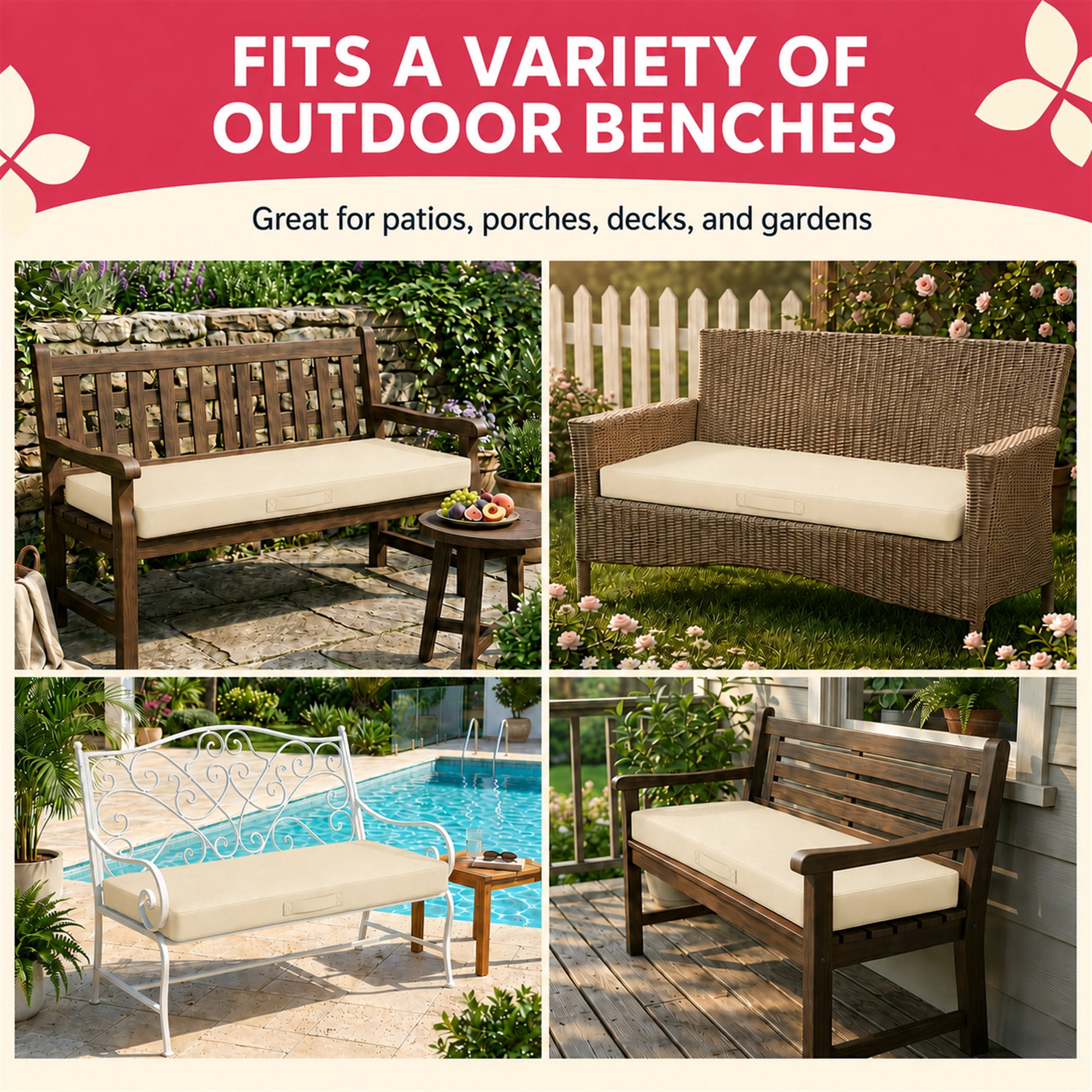 Millsilo 45" x 18" x 3" Outdoor Bench Cushion with Removable Cover, Water-Repellent UV Fade-Resistant Patio Cushion, High-Density Foam, Non-Slip Ties, Beige