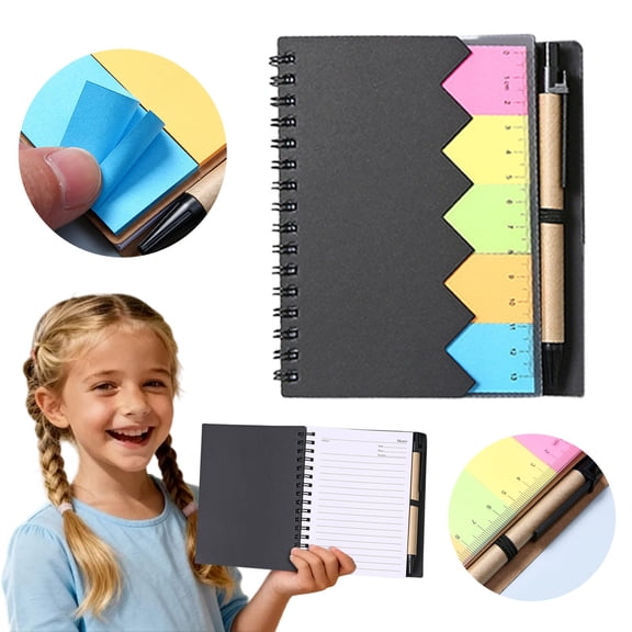 Spiral Bound Pocket Notebook Set with Lined Paper, Built-In Pen Holder, Matching Pen, Colorful Sticky Notes, 5.7 x 4.4 Inch Portable Journal Organizer for Daily Notes, Business & Planning, Black