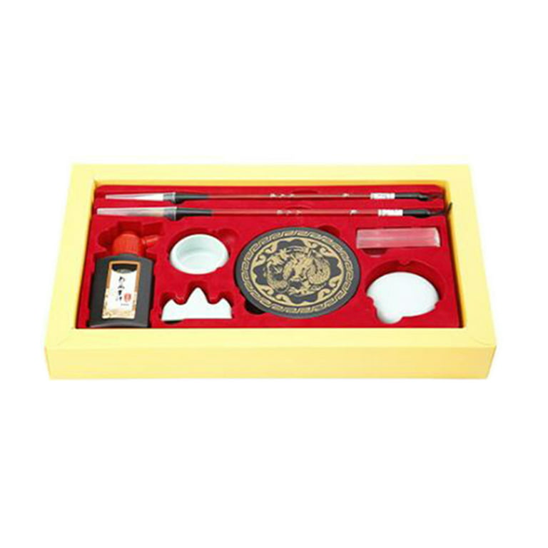 Vintage Chinese Calligraphy Set Fan Box 5 Brushes Red Ink Stone