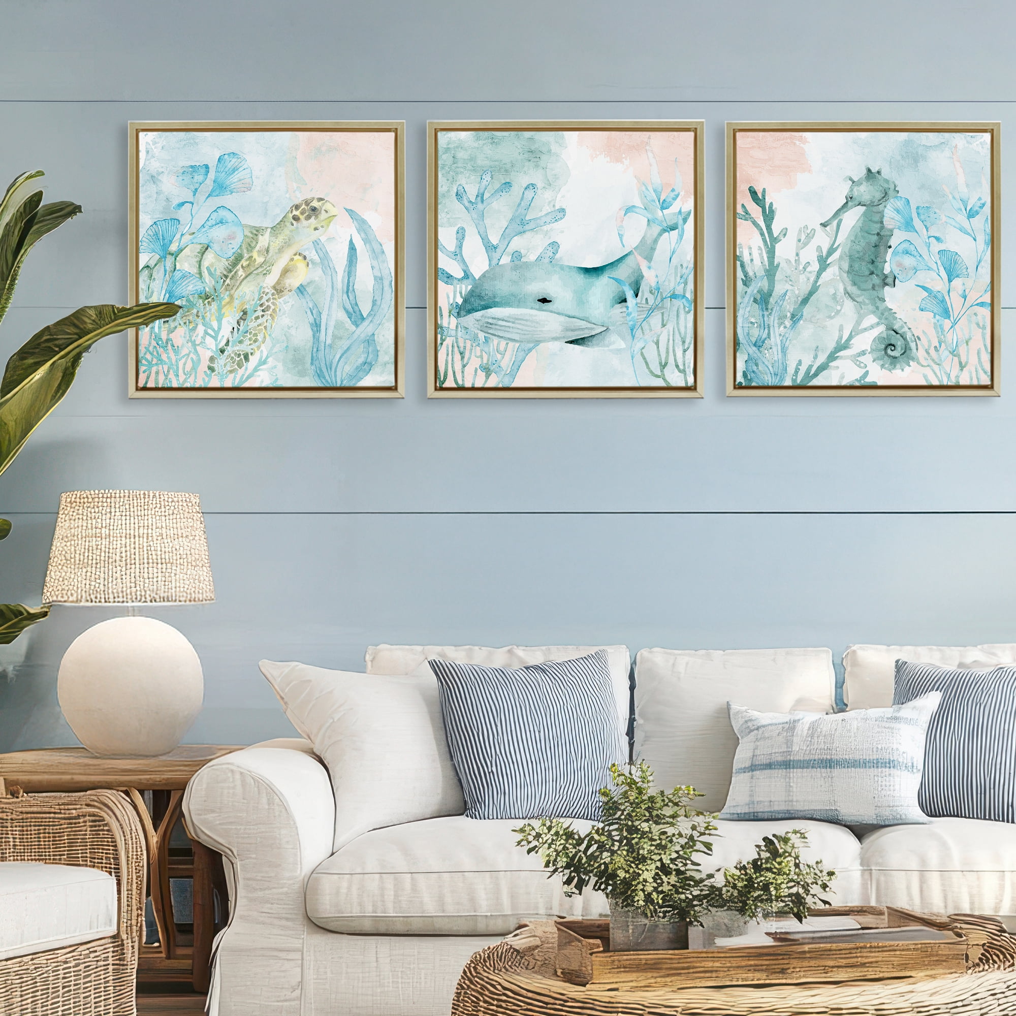 Stupell Industries Aquatic Animals Sea Swim 3 Piece Gold Framed Floater Canvas Set, design by Kim Allen