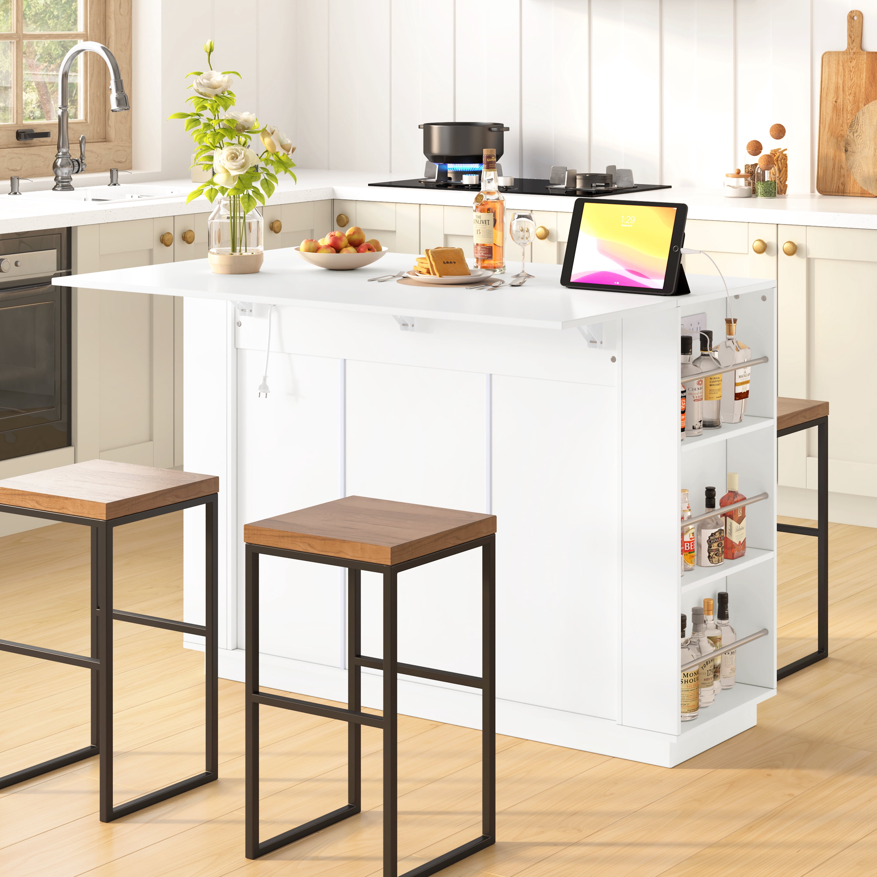 47.2-Inch Counter Height Kitchen Island with Foldable Drop Leaf Tabletop, Sideboard Buffet Bar Cabinet with Wine Rack and Glass Holder, Storage Cabinet for Dining Room, White