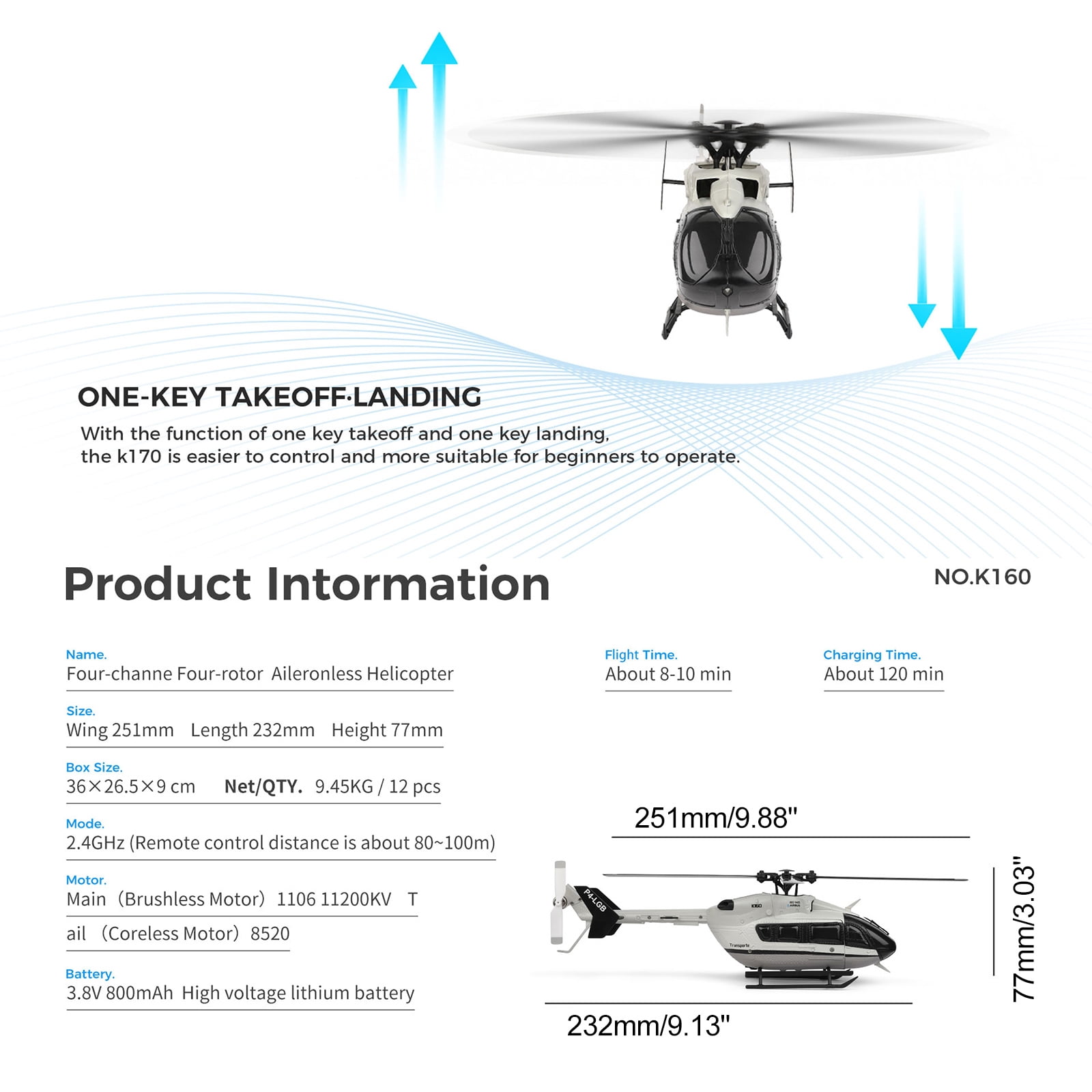 Bruce&Shark RC Helicopter WL K160, 6-Axis Gyro 1:32 Scale EC-145 160-Class 4CH 2.4GHz Flybarless Aircraft with Altitude Hold & One-Key Take Off/Landing & Adjustable Throttle – RTF