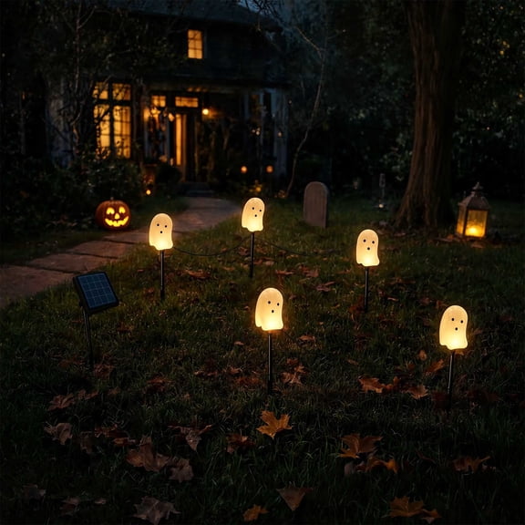 Solar Ghost Pathway Stake Lights (5-Pack), Waterproof Outdoor Landscape LED Garden Lawn Yard Pathway Spooky Decor for Halloween Party Props