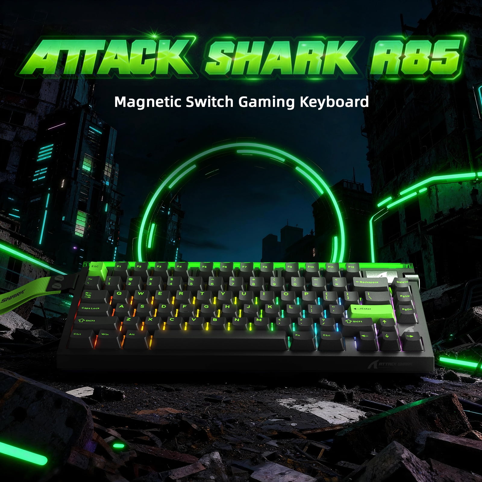 ATTACK SHARK R85 HE 75% Magnetic Wired Gaming Keyboard, 8KHz Polling Rate, Hall Effect Hot Swappable Switches, RGB Light Bar, Volume Knob, PC/Mac Compatible, Green
