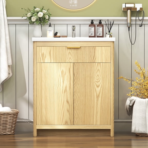 31.5 inch Bathroom Vanity with Ceramic Sink, Freestanding Storage Cabinet, Wood Finish