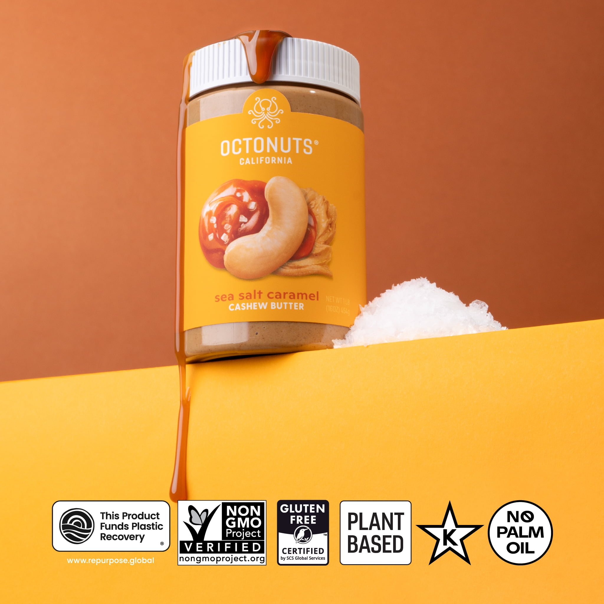(2 pack) Octonuts Dry Roasted Sea Salt Caramel Cashew 16oz Nut Butter - Pure Creamy Nut Butter - Heart Healthy and Delicious - Gluten Free, Vegan, Kosher, Paleo, Non-GMO Nut Butters