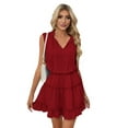 thumbnail image 2 of Womens Spring Summer 2025 Sleeveless Split V Neck Ruffle Chiffon Elegant Mini Short Skirt Dresses Wine Red S, 2 of 9