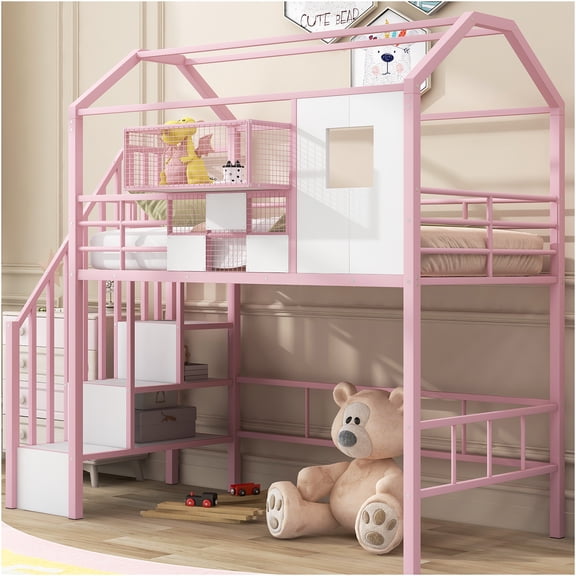 JERFIT Twin Loft Bed with Roof, Storage Box, Pink