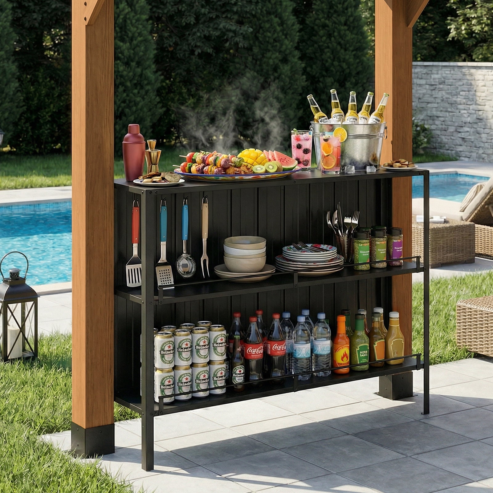 CHARMELEON 6 x 14 Ft. Cedar Grill Gazebo with Storage Cabinet, Bar Counter, Beer Opener & TV Mount, Galvanized Steel Roof, Outdoor BBQ Shelter