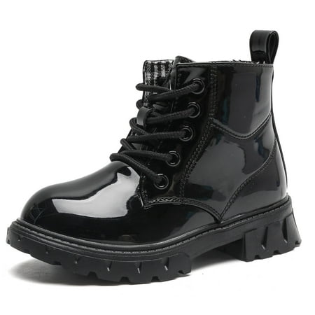 

DADAWEN Toddler Boys Girls Combat Boots Waterproof Ankle Boots With Side Zipper Black/Glossy leather 1.5 Little Kid