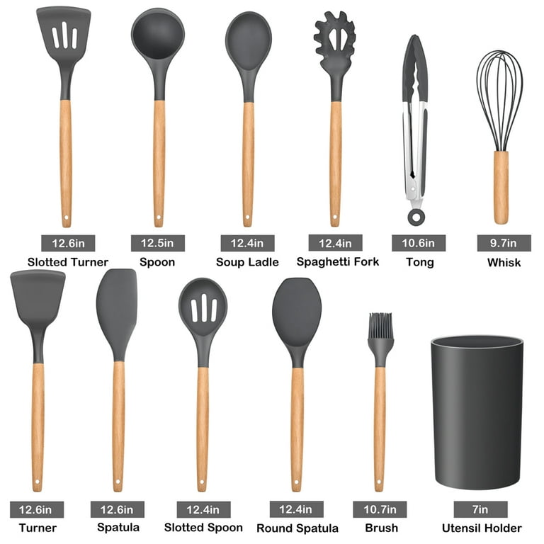 12 Pieces Cooking Tools Set Silicone+Wood Handle Kitchen Cooking Utensils  Set with Storage Box Turner Tongs Spatula Soup Spoon