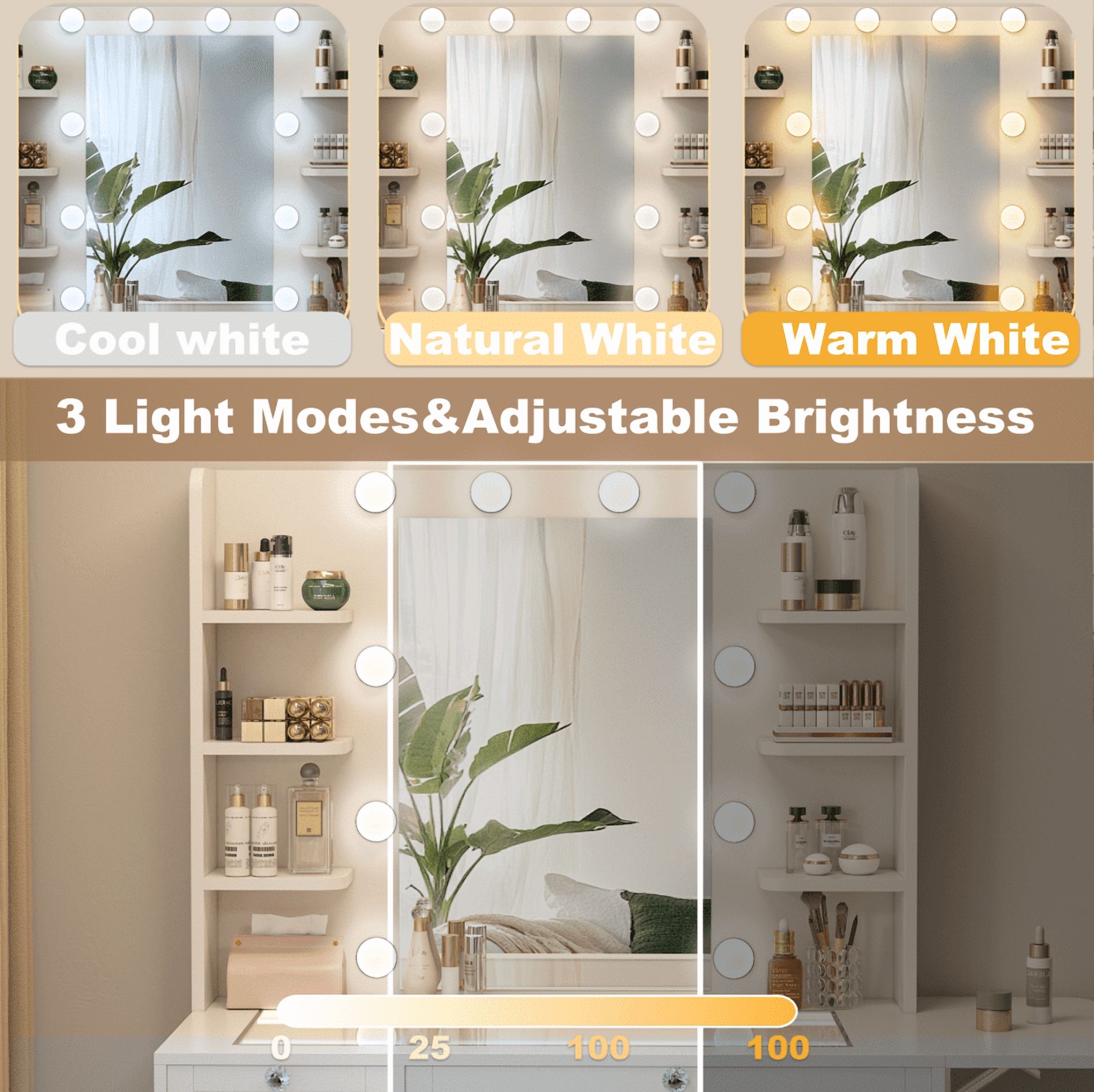 Vanity Desk with Mirror and Lights, Makeup Vanity Desk with Lights 7 Colors, Transparent Top Vanity with 2 Drawers, 6 Shelves, Large Tempered Cabinet, Power Outlet, for Bedroom, White