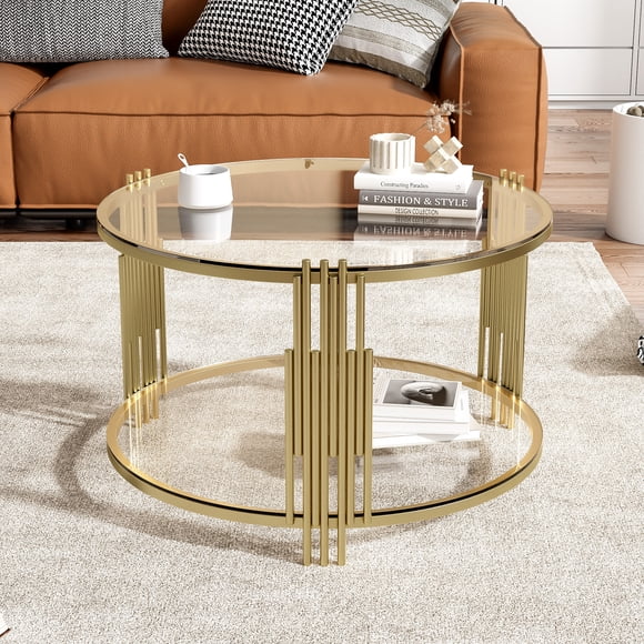 31.5" Glass Coffee Table with Storage, Circle Center Table with Shelf, 2 Tier Round Coffee Table for Living Room Modern Clear Mirror Coffee Table, Circular Metal Drum Base, Gold Finish & Lower Shelf