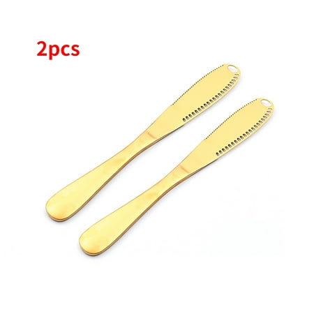 

Stainless Butter Spreader Knife， 3 in 1 Curler Slicer Professional Chef Cheese with Serrated Edge for Kitchen Cake (2Pcs Gold)