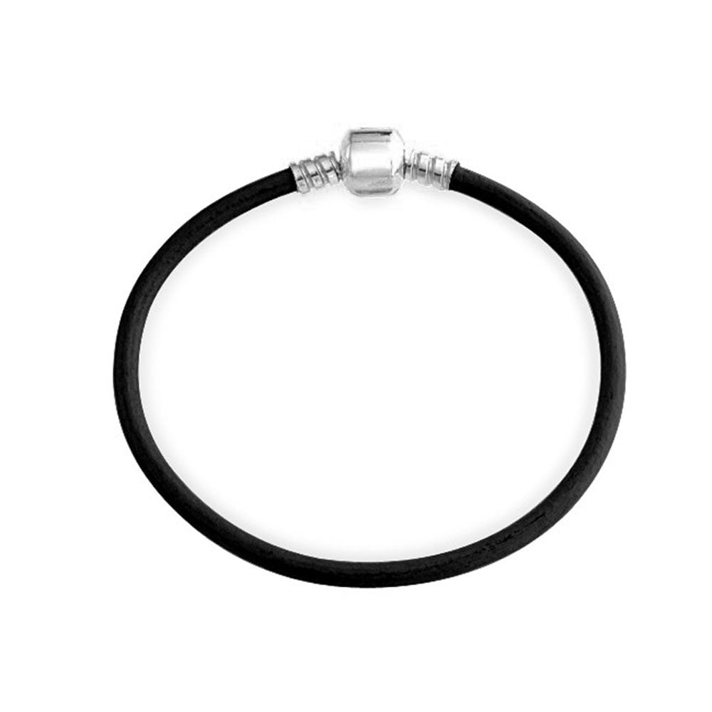 Simple Genuine Black Leather Bracelet For Women For Starter Charm Fits European Beads 925 Sterling Silver 7.5 Inches